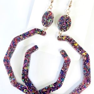 Rainbow Confetti Glitter dangle geometric earrings w/gold hardware